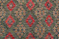 Flat Weave Kilim Antique Navaho Vintage handmade Geometric Kilim Green Red Hand-Woven Rectangle 100% Wool Area Rug 8x12 