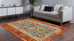 Flat Weave Kilim Antique Navaho Vintage handmade Geometric Kilim Blue Rust Hand-Woven Rectangle 100% Wool Area Rug 6x8 