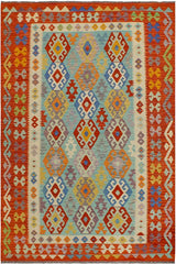 Flat Weave Kilim Antique Navaho Vintage handmade Geometric Kilim Blue Rust Hand-Woven Rectangle 100% Wool Area Rug 6x8 