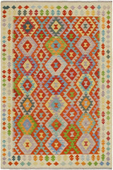 Flat Weave Kilim Antique Navaho Vintage handmade Geometric Kilim Rust Beige Hand-Woven Rectangle 100% Wool Area Rug 5x7 