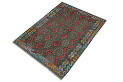 Flat Weave Kilim Antique Navaho Vintage handmade Geometric Kilim Charcoal Red Hand-Woven Rectangle 100% Wool Area Rug 6x8 