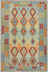 Flat Weave Kilim Antique Navaho Vintage handmade Geometric Kilim Beige Gray Hand-Woven Rectangle 100% Wool Area Rug 5x7 