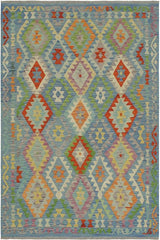 Flat Weave Kilim Antique Navaho Vintage handmade Geometric Kilim Blue Rust Hand-Woven Rectangle 100% Wool Area Rug 5x7 