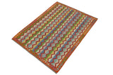 Flat Weave Kilim Antique Navaho Vintage handmade Modern Kilim Blue Rust Hand-Woven Rectangle 100% Wool Area Rug 5x8 