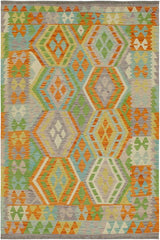 Flat Weave Kilim Antique Navaho Vintage handmade Geometric Kilim Orange Blue Hand-Woven Rectangle 100% Wool Area Rug 4x5 