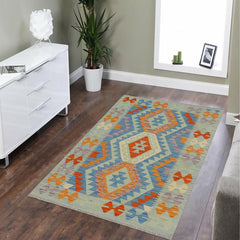 Flat Weave Kilim Antique Navaho Vintage handmade Geometric Kilim Blue Rust Hand-Woven Rectangle 100% Wool Area Rug 3x4 