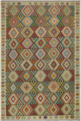 Flat Weave Kilim Antique Navaho Vintage handmade Geometric Kilim Brown Beige Hand-Woven Rectangle 100% Wool Area Rug 9x12 