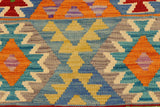 Flat Weave Kilim Antique Navaho Vintage handmade Geometric Kilim Blue Red Hand-Woven Rectangle 100% Wool Area Rug 3x5 