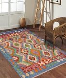 Flat Weave Kilim Antique Navaho Vintage handmade Geometric Kilim Blue Rust Hand-Woven Rectangle 100% Wool Area Rug 4x5 