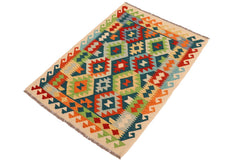 Flat Weave Kilim Antique Navaho Vintage handmade Geometric Kilim Green Rust Hand-Woven Rectangle 100% Wool Area Rug 3x5 