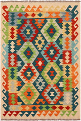 Flat Weave Kilim Antique Navaho Vintage handmade Geometric Kilim Green Rust Hand-Woven Rectangle 100% Wool Area Rug 3x5 