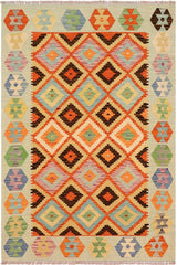 Flat Weave Kilim Antique Navaho Vintage handmade Geometric Kilim Rust Blue Hand-Woven Rectangle 100% Wool Area Rug 4x6 