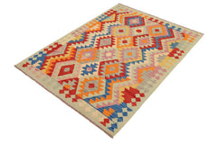 Flat Weave Kilim Antique Navaho Vintage handmade Geometric Kilim Red Blue Hand-Woven Rectangle 100% Wool Area Rug 4x6 