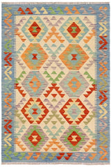 Flat Weave Kilim Antique Navaho Vintage handmade Geometric Kilim Beige Blue Hand-Woven Rectangle 100% Wool Area Rug 3x5 