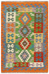 Flat Weave Kilim Antique Navaho Vintage handmade Geometric Kilim Green Rust Hand-Woven Rectangle 100% Wool Area Rug 3x5 