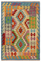 Flat Weave Kilim Antique Navaho Vintage handmade Geometric Kilim Blue Rust Hand-Woven Rectangle 100% Wool Area Rug 3x5 