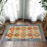 Flat Weave Kilim Antique Navaho Vintage handmade Geometric Kilim Beige Blue Hand-Woven Rectangle 100% Wool Area Rug 3x5 