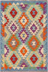 Flat Weave Kilim Antique Navaho Vintage handmade Geometric Kilim Blue Rust Hand-Woven Rectangle 100% Wool Area Rug 3x5 