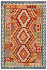 Flat Weave Kilim Antique Navaho Vintage handmade Geometric Kilim Rust Blue Hand-Woven Rectangle 100% Wool Area Rug 4x6 