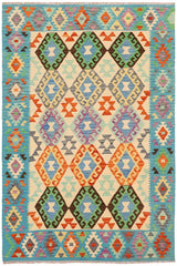 Flat Weave Kilim Antique Navaho Vintage handmade Geometric Kilim Beige Blue Hand-Woven Rectangle 100% Wool Area Rug 5x7 