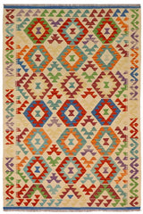 Flat Weave Kilim Antique Navaho Vintage handmade Geometric Kilim Beige Rust Hand-Woven Rectangle 100% Wool Area Rug 4x6 