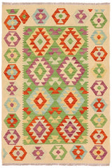 Flat Weave Kilim Antique Navaho Vintage handmade Geometric Kilim Green Beige Hand-Woven Rectangle 100% Wool Area Rug 3x5 