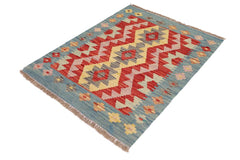 Flat Weave Kilim Antique Navaho Vintage handmade Geometric Kilim Red Blue Hand-Woven Rectangle 100% Wool Area Rug 2x2 