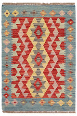 Flat Weave Kilim Antique Navaho Vintage handmade Geometric Kilim Red Blue Hand-Woven Rectangle 100% Wool Area Rug 2x2 