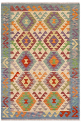 Flat Weave Kilim Antique Navaho Vintage handmade Geometric Kilim Beige Blue Hand-Woven Rectangle 100% Wool Area Rug 3x5 