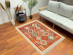 Flat Weave Kilim Antique Navaho Vintage handmade Geometric Kilim Rust Beige Hand-Woven Rectangle 100% Wool Area Rug 4x6 