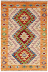 Flat Weave Kilim Antique Navaho Vintage handmade Geometric Kilim Beige Blue Hand-Woven Rectangle 100% Wool Area Rug 3x4 