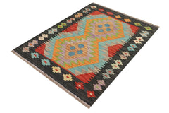 Flat Weave Kilim Antique Navaho Vintage handmade Geometric Kilim Blue Black Hand-Woven Rectangle 100% Wool Area Rug 2x3 