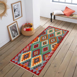 Flat Weave Kilim Antique Navaho Vintage handmade Geometric Kilim Blue Red Hand-Woven Runner 100% Wool Area Rug 3x6 