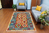 Flat Weave Kilim Antique Navaho Vintage handmade Geometric Kilim Rust Blue Hand-Woven Rectangle 100% Wool Area Rug 5x6 