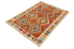 Flat Weave Kilim Antique Navaho Vintage handmade Geometric Kilim Rust Beige Hand-Woven Rectangle 100% Wool Area Rug 5x6 