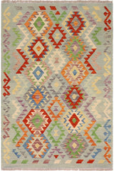 Flat Weave Kilim Antique Navaho Vintage handmade Geometric Kilim Blue Rust Hand-Woven Rectangle 100% Wool Area Rug 4x5 