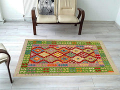 Flat Weave Kilim Antique Navaho Vintage handmade Geometric Kilim Rust Green Hand-Woven Rectangle 100% Wool Area Rug 4x6 