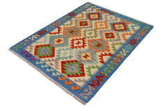 Flat Weave Kilim Antique Navaho Vintage handmade Geometric Kilim Beige Blue Hand-Woven Rectangle 100% Wool Area Rug 3x5 