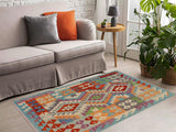 Flat Weave Kilim Antique Navaho Vintage handmade Geometric Kilim Blue Rust Hand-Woven Rectangle 100% Wool Area Rug 3x5 