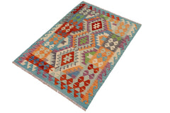 Flat Weave Kilim Antique Navaho Vintage handmade Geometric Kilim Blue Rust Hand-Woven Rectangle 100% Wool Area Rug 3x5 