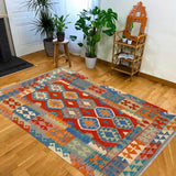 Flat Weave Kilim Antique Navaho Vintage handmade Geometric Kilim Rust Blue Hand-Woven Rectangle 100% Wool Area Rug 5x6 