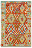 Flat Weave Kilim Antique Navaho Vintage handmade Geometric Kilim Rust Blue Hand-Woven Rectangle 100% Wool Area Rug 5x7 