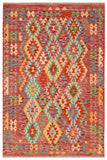 Flat Weave Kilim Antique Navaho Vintage handmade Geometric Kilim Red Blue Hand-Woven Rectangle 100% Wool Area Rug 5x7 