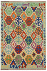 Flat Weave Kilim Antique Navaho Vintage handmade Geometric Kilim Rust Blue Hand-Woven Rectangle 100% Wool Area Rug 5x7 