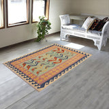 Flat Weave Kilim Antique Navaho Vintage handmade Modern Kilim Blue Beige Hand-Woven Rectangle 100% Wool Area Rug 4x6 