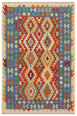 Flat Weave Kilim Antique Navaho Vintage handmade Geometric Kilim Red Blue Hand-Woven Rectangle 100% Wool Area Rug 5x6 