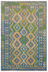 Flat Weave Kilim Antique Navaho Vintage handmade Geometric Kilim Blue Beige Hand-Woven Rectangle 100% Wool Area Rug 4x6 