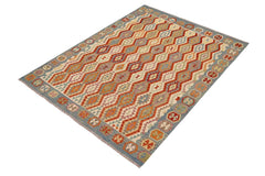 Flat Weave Kilim Antique Navaho Vintage handmade Geometric Kilim Rust Blue Hand-Woven Rectangle 100% Wool Area Rug 9x9 