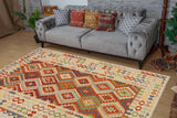 Flat Weave Kilim Antique Navaho Vintage handmade Geometric Kilim Rust Beige Hand-Woven Rectangle 100% Wool Area Rug 7x10 