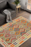 Flat Weave Kilim Antique Navaho Vintage handmade Geometric Kilim Gray Beige Hand-Woven Rectangle 100% Wool Area Rug 5x6 